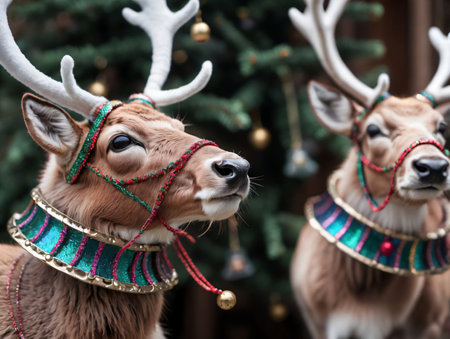 Two Reindeers Wearing Christmas Decorations. Generative AIの素材