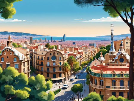 A Cityscape With A View Of Barcelona. Generative AIの素材