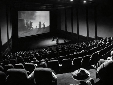 A Black And White Photo Of An Empty Theater. Generative AIの素材