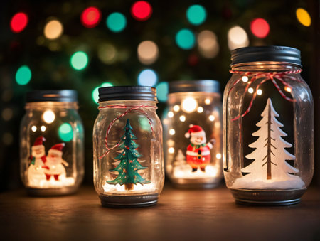 Three Mason Jars With Christmas Lights And A Christmas Tree. Generative AIの素材