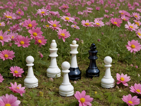 A Chess Game With Flowers In The Background. Generative AIの素材