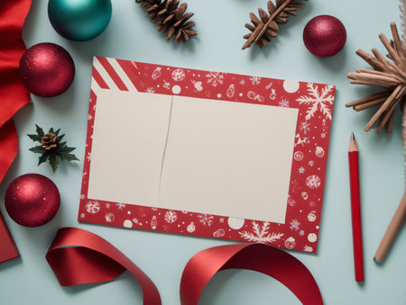 Christmas Card With Red Ribbon And Decorations. Generative AIの素材