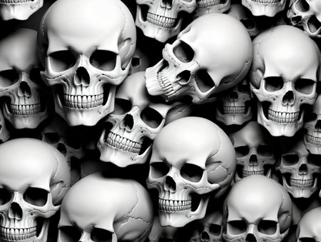 A Lot Of Skulls On A Black Background. Generative AIの素材