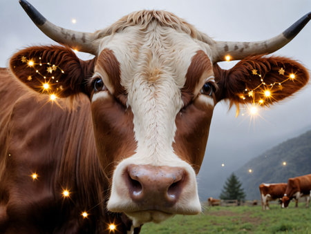 A Cow With A String Of Lights On Its Head. Generative AIの素材