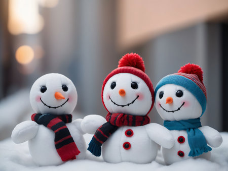 Three Snowmen Are Standing In The Snow. Generative AIの素材