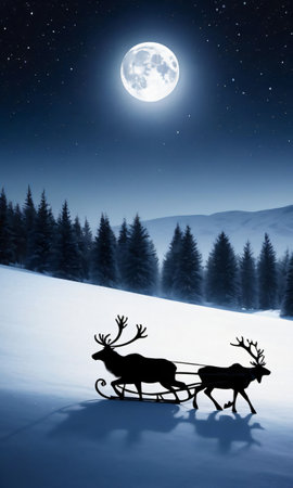 A Reindeer Sled Through A Snowy Landscape With A Full Moon In The Background. Generative AIの素材