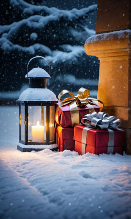 A Lantern And Presents In The Snow. Generative AIの素材