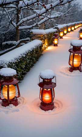 Lanterns In The Snow. Generative AIの素材
