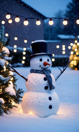 A Snowman With A Hat And Scarf Is Standing In The Snow. Generative AIの素材