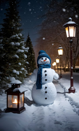 A Snowman With A Blue Scarf And Hat. Generative AIの素材