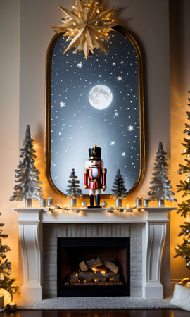 A Christmas Fireplace With A Mirror And A Christmas Tree. Generative AIの素材