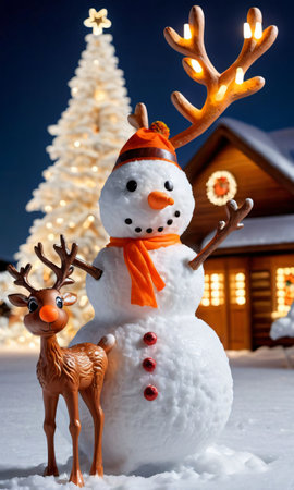 A Snowman And A Reindeer Are Standing In The Snow. Generative AIの素材