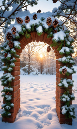A Snow Covered Archway With Pine Cones And Pine Cones. Generative AIの素材