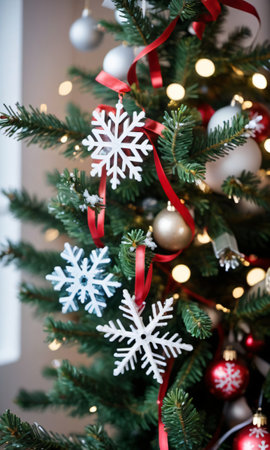 A Christmas Tree With Red And White Ornaments. Generative AIの素材