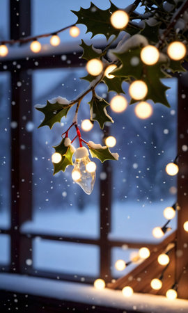 A Christmas Light Hanging From A Tree Branch. Generative AIの素材