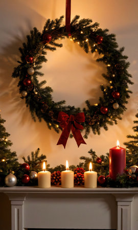 A Wreath With Candles And A Candle On A Mantle. Generative AIの素材