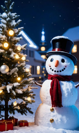 A Snowman In Front Of A Christmas Tree. Generative AIの素材