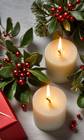 Three Candles With Holly And Red Berries On A Table. Generative AIの素材