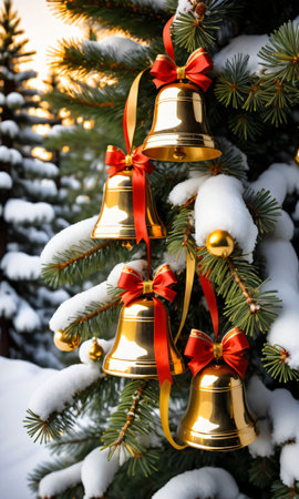 A Christmas Tree With Bells And Red Bows. Generative AIの素材