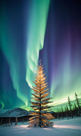 A Tree In The Snow With The Aurora Lights In The Background. Generative AIの素材