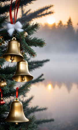 Christmas Bells Hanging On A Tree With A Sunset In The Background. Generative AIの素材