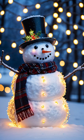 A Snowman With A Hat And Scarf Is Standing In The Snow. Generative AIの素材