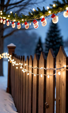 A Wooden Fence With Christmas Lights Hanging From It. Generative AIの素材