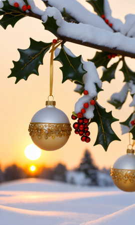 Christmas Decorations Hanging From A Tree Branch. Generative AIの素材