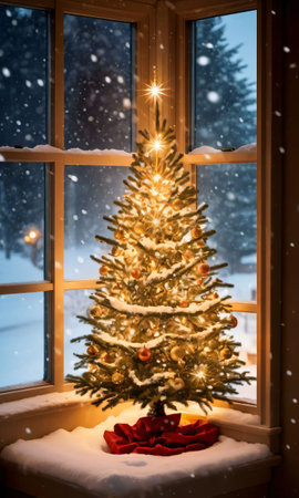 A Christmas Tree In Front Of A Window. Generative AIの素材