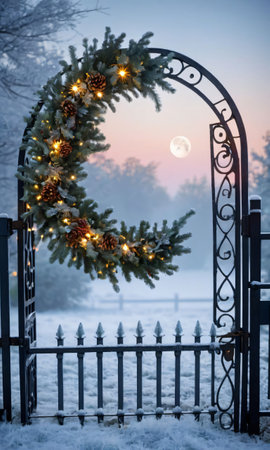 A Wreath With Lights Hanging On It In The Snow. Generative AIの素材