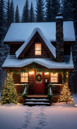 A Cabin With Christmas Lights And A Red Door. Generative AIの素材
