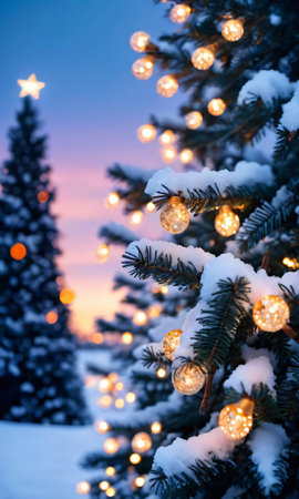 Christmas Tree With Lights And Snow. Generative AIの素材