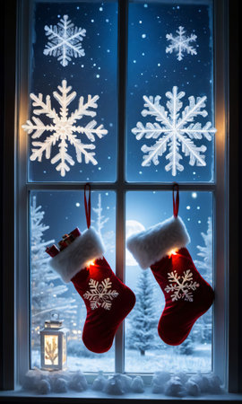 A Window With Snowflakes And A Christmas Stocking. Generative AIの素材