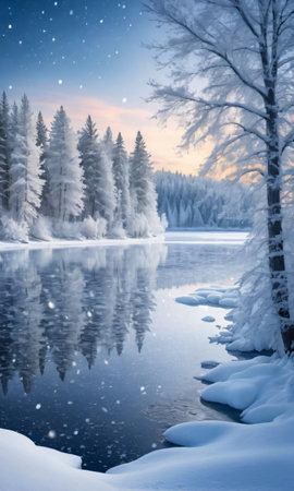 A Snowy Scene With A Lake And Trees. Generative AIの素材