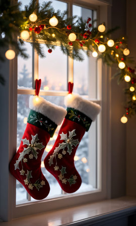 A Pair Of Christmas Stockings Hanging On A Window Sie. Generative AIの素材