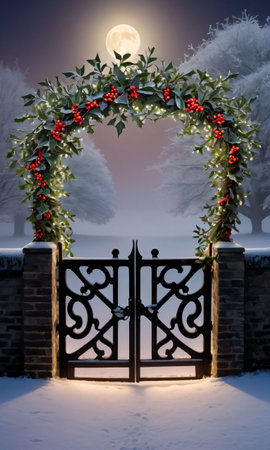 A Christmas Wreath With Holly And Berries On A Gate. Generative AIの素材