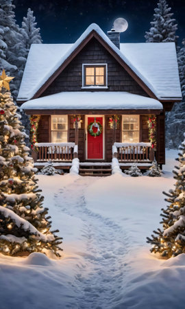 A House With Christmas Trees And Lights. Generative AIの素材