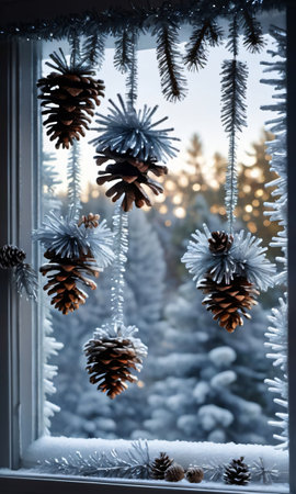 A Window With Snow And Pine Cones Hanging From It. Generative AIの素材