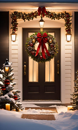 A Christmas Wreath On The Front Door Of A House. Generative AIの素材