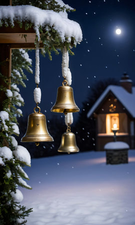 Christmas Bells Hanging From A Tree In The Snow. Generative AIの素材