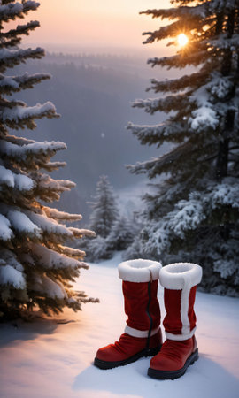 A Pair Of Red Boots Sitting In The Snow. Generative AIの素材