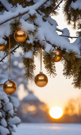 Christmas Tree With Golden Baknit Balls. Generative AIの素材