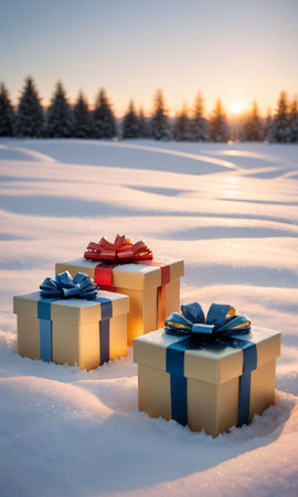 Three Boxes With Bows Sit In The Snow. Generative AIの素材