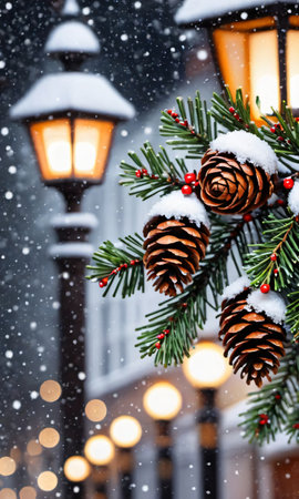 Christmas Lights And Pine Cones On A Snowy Day. Generative AIの素材