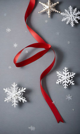A Red Ribbon And Snowflakes On A Gray Background. Generative AIの素材