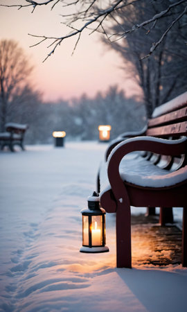 A Bench With A Candle Lit In The Snow. Generative AIの素材