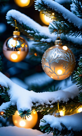 Christmas Tree With Lights And Snow. Generative AIの素材