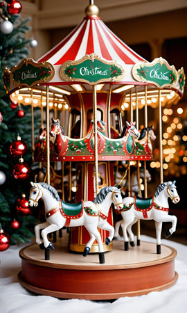A Carousel With A Christmas Tree In The Background. Generative AIの素材