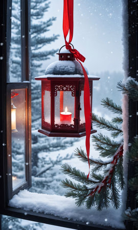 A Red Lantern Hanging From A Window. Generative AIの素材