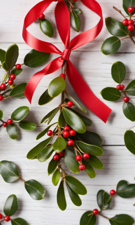 A Red Ribbon Tied Around A Holly Branch. Generative AIの素材